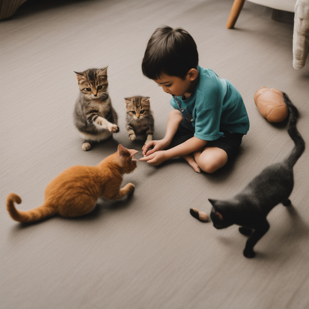 baby is playing with cats